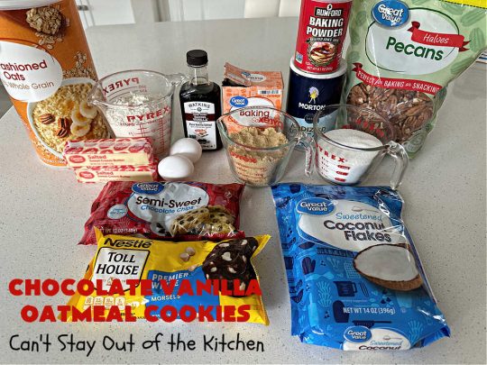 Chocolate Vanilla Oatmeal Cookies | Can't Stay Out of the Kitchen | these scrumptious #OatmealCookies include both #ChocolateChips & #VanillaChips along with #pecans, #oatmeal & #coconut. Indulge yourself with a dose of #chocolate for the #holidays, #tailgating parties, potlucks or any time you're looking for a sweet #dessert. #cookies #ChocolateVanilllaOatmealCookies