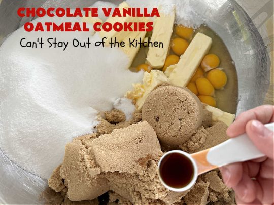 Chocolate Vanilla Oatmeal Cookies | Can't Stay Out of the Kitchen | these scrumptious #OatmealCookies include both #ChocolateChips & #VanillaChips along with #pecans, #oatmeal & #coconut. Indulge yourself with a dose of #chocolate for the #holidays, #tailgating parties, potlucks or any time you're looking for a sweet #dessert. #cookies #ChocolateVanilllaOatmealCookies