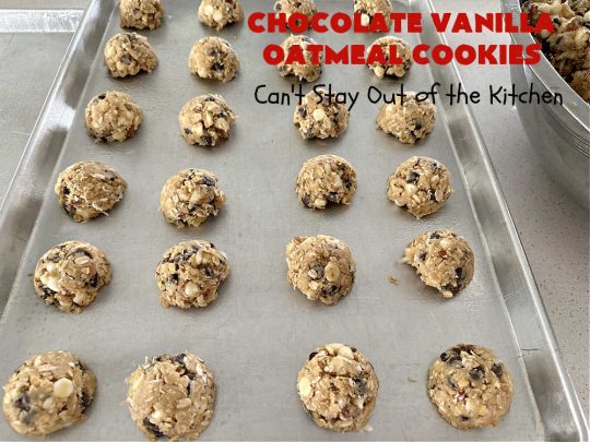 Chocolate Vanilla Oatmeal Cookies | Can't Stay Out of the Kitchen | these scrumptious #OatmealCookies include both #ChocolateChips & #VanillaChips along with #pecans, #oatmeal & #coconut. Indulge yourself with a dose of #chocolate for the #holidays, #tailgating parties, potlucks or any time you're looking for a sweet #dessert. #cookies #ChocolateVanilllaOatmealCookies