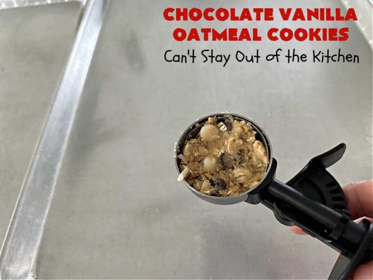 Chocolate Vanilla Oatmeal Cookies | Can't Stay Out of the Kitchen | these scrumptious #OatmealCookies include both #ChocolateChips & #VanillaChips along with #pecans, #oatmeal & #coconut. Indulge yourself with a dose of #chocolate for the #holidays, #tailgating parties, potlucks or any time you're looking for a sweet #dessert. #cookies #ChocolateVanilllaOatmealCookies