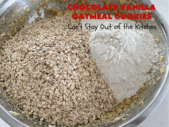 Chocolate Vanilla Oatmeal Cookies | Can't Stay Out of the Kitchen | these scrumptious #OatmealCookies include both #ChocolateChips & #VanillaChips along with #pecans, #oatmeal & #coconut. Indulge yourself with a dose of #chocolate for the #holidays, #tailgating parties, potlucks or any time you're looking for a sweet #dessert. #cookies #ChocolateVanilllaOatmealCookies