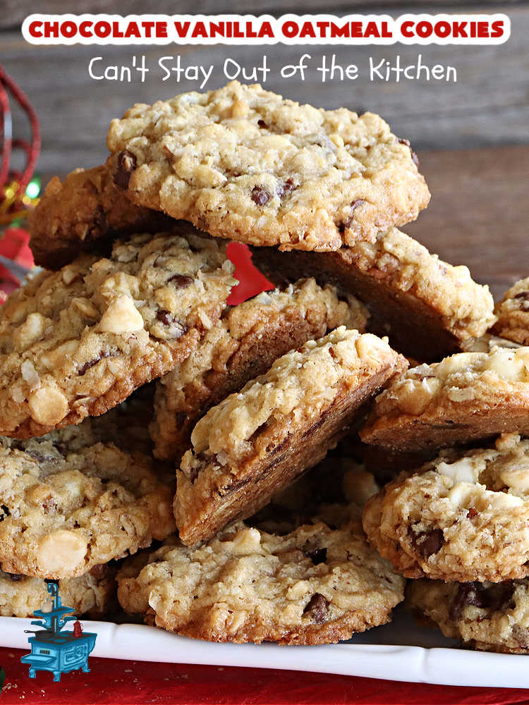 Chocolate Vanilla Oatmeal Cookies | Can't Stay Out of the Kitchen | these scrumptious #OatmealCookies include both #ChocolateChips & #VanillaChips along with #pecans, #oatmeal & #coconut. Indulge yourself with a dose of #chocolate for the #holidays, #tailgating parties, potlucks or any time you're looking for a sweet #dessert. #cookies #ChocolateVanilllaOatmealCookies