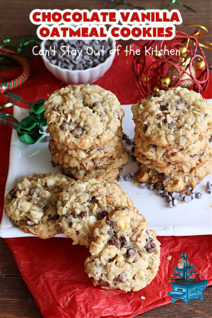 Chocolate Vanilla Oatmeal Cookies | Can't Stay Out of the Kitchen | these scrumptious #OatmealCookies include both #ChocolateChips & #VanillaChips along with #pecans, #oatmeal & #coconut. Indulge yourself with a dose of #chocolate for the #holidays, #tailgating parties, potlucks or any time you're looking for a sweet #dessert. #cookies #ChocolateVanilllaOatmealCookies