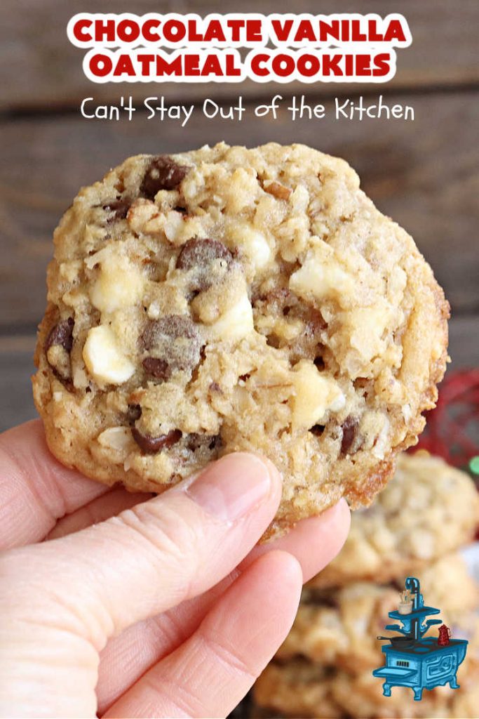 Chocolate Vanilla Oatmeal Cookies | Can't Stay Out of the Kitchen | these scrumptious #OatmealCookies include both #ChocolateChips & #VanillaChips along with #pecans, #oatmeal & #coconut. Indulge yourself with a dose of #chocolate for the #holidays, #tailgating parties, potlucks or any time you're looking for a sweet #dessert. #cookies #ChocolateVanilllaOatmealCookies