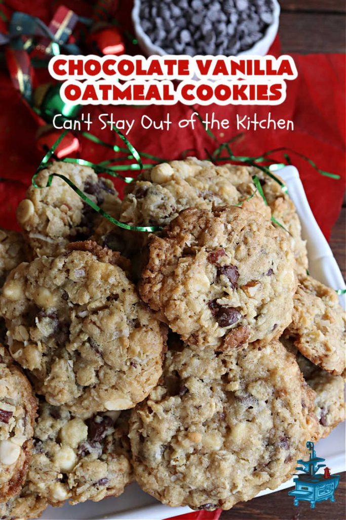 Chocolate Vanilla Oatmeal Cookies | Can't Stay Out of the Kitchen | these scrumptious #OatmealCookies include both #ChocolateChips & #VanillaChips along with #pecans, #oatmeal & #coconut. Indulge yourself with a dose of #chocolate for the #holidays, #tailgating parties, potlucks or any time you're looking for a sweet #dessert. #cookies #ChocolateVanilllaOatmealCookies