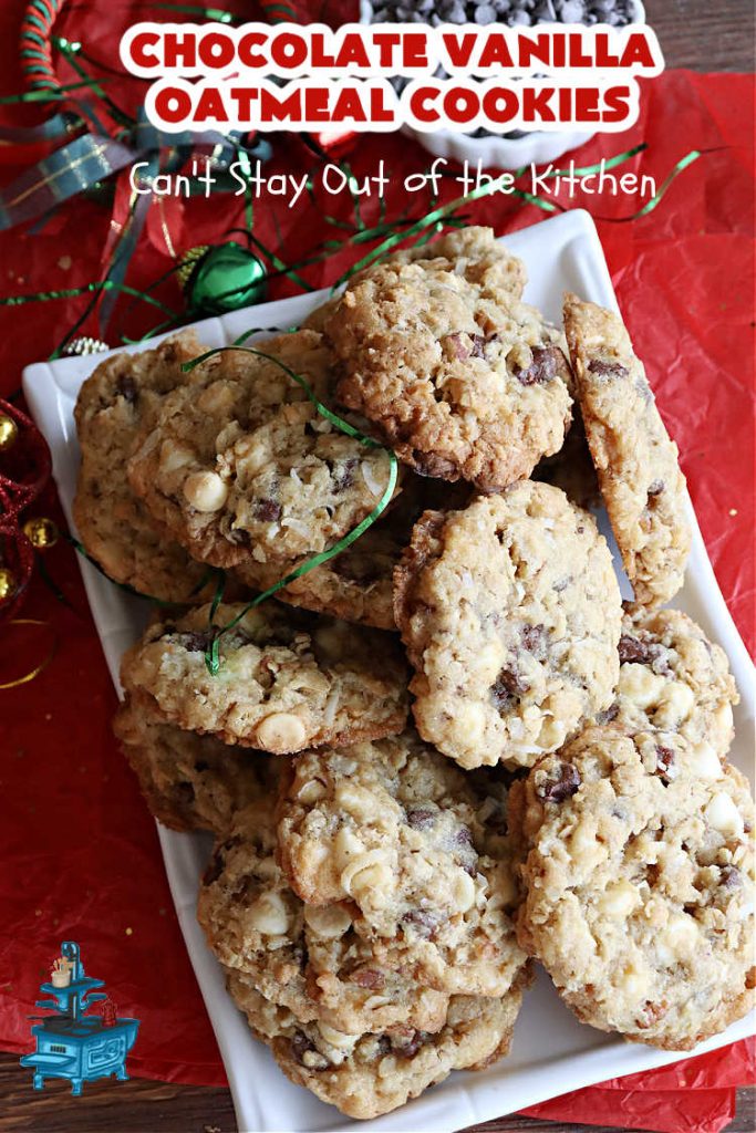 Chocolate Vanilla Oatmeal Cookies | Can't Stay Out of the Kitchen | these scrumptious #OatmealCookies include both #ChocolateChips & #VanillaChips along with #pecans, #oatmeal & #coconut. Indulge yourself with a dose of #chocolate for the #holidays, #tailgating parties, potlucks or any time you're looking for a sweet #dessert. #cookies #ChocolateVanilllaOatmealCookies