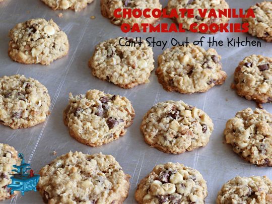 Chocolate Vanilla Oatmeal Cookies | Can't Stay Out of the Kitchen | these scrumptious #OatmealCookies include both #ChocolateChips & #VanillaChips along with #pecans, #oatmeal & #coconut. Indulge yourself with a dose of #chocolate for the #holidays, #tailgating parties, potlucks or any time you're looking for a sweet #dessert. #cookies #ChocolateVanilllaOatmealCookies