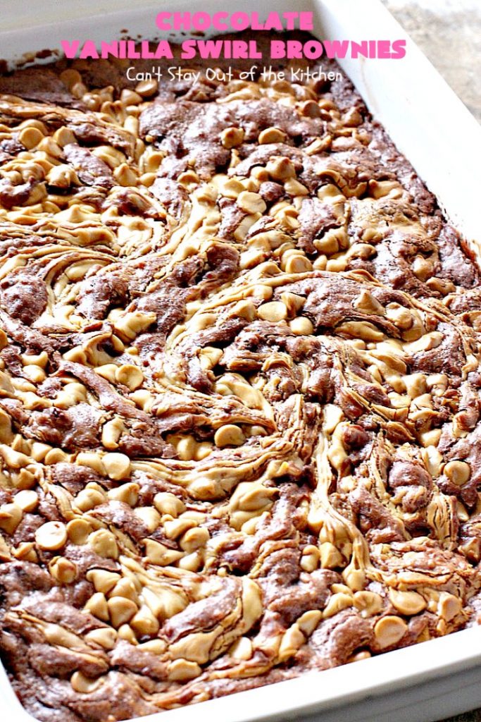 Chocolate Vanilla Swirl Brownies | Can't Stay Out of the Kitchen | Vanilla chips are swirled into #brownies and practically caramelize while baking. They are absolutely awesome! The brownies have #chocolate chips too. Rich, decadent, amazing. #dessert