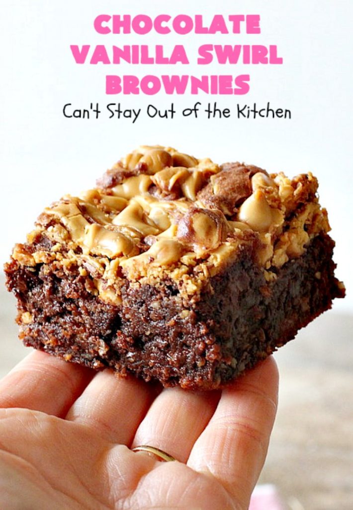 Chocolate Vanilla Swirl Brownies | Can't Stay Out of the Kitchen | Vanilla chips are swirled into #brownies and practically caramelize while baking. They are absolutely awesome! The brownies have #chocolate chips too. Rich, decadent, amazing. #dessert