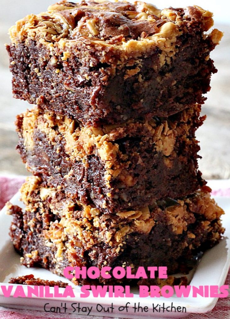 Chocolate Vanilla Swirl Brownies | Can't Stay Out of the Kitchen | Vanilla chips are swirled into #brownies and practically caramelize while baking. They are absolutely awesome! The brownies have #chocolate chips too. Rich, decadent, amazing. #dessert