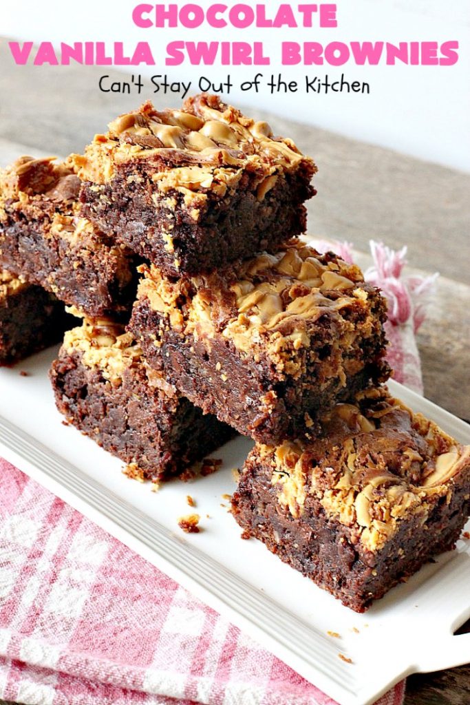 Chocolate Vanilla Swirl Brownies | Can't Stay Out of the Kitchen | Vanilla chips are swirled into #brownies and practically caramelize while baking. They are absolutely awesome! The brownies have #chocolate chips too. Rich, decadent, amazing. #dessert