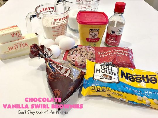 Chocolate Vanilla Swirl Brownies | Can't Stay Out of the Kitchen | Vanilla chips are swirled into #brownies and practically caramelize while baking. They are absolutely awesome! The brownies have #chocolate chips too. Rich, decadent, amazing. #dessert