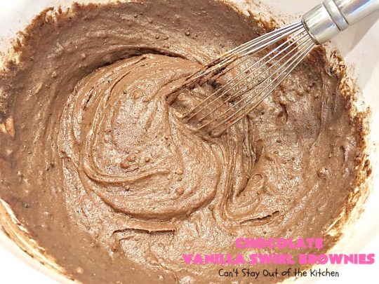 Chocolate Vanilla Swirl Brownies | Can't Stay Out of the Kitchen | Vanilla chips are swirled into #brownies and practically caramelize while baking. They are absolutely awesome! The brownies have #chocolate chips too. Rich, decadent, amazing. #dessert