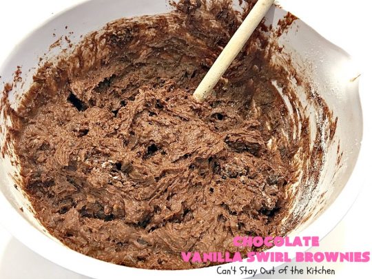 Chocolate Vanilla Swirl Brownies | Can't Stay Out of the Kitchen | Vanilla chips are swirled into #brownies and practically caramelize while baking. They are absolutely awesome! The brownies have #chocolate chips too. Rich, decadent, amazing. #dessert