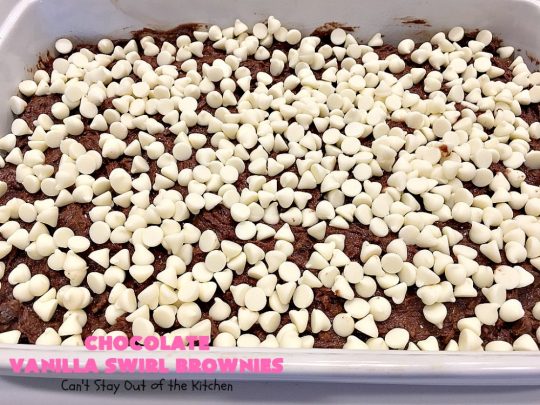 Chocolate Vanilla Swirl Brownies | Can't Stay Out of the Kitchen | Vanilla chips are swirled into #brownies and practically caramelize while baking. They are absolutely awesome! The brownies have #chocolate chips too. Rich, decadent, amazing. #dessert