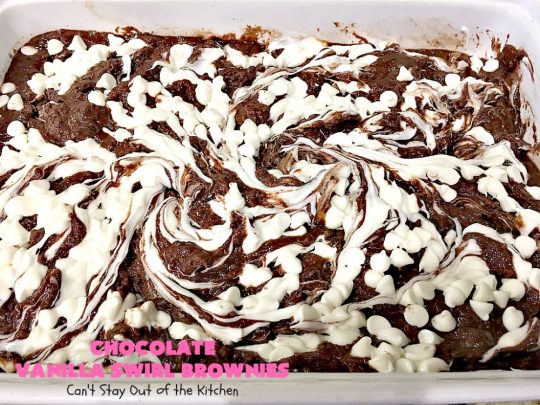 Chocolate Vanilla Swirl Brownies | Can't Stay Out of the Kitchen | Vanilla chips are swirled into #brownies and practically caramelize while baking. They are absolutely awesome! The brownies have #chocolate chips too. Rich, decadent, amazing. #dessert