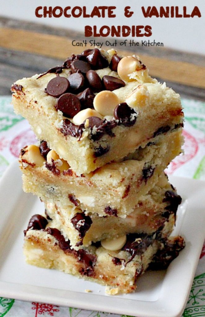 Chocolate and Vanilla Blondies | Can't Stay Out of the Kitchen | delicious #shortbread #cookies are filled with both #chocolate and vanilla chips. Amazing #dessert.