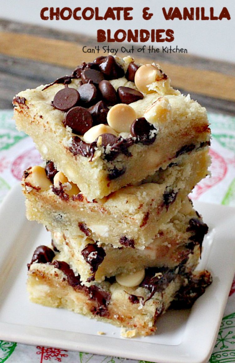 Chocolate and Vanilla Blondies | Can't Stay Out of the Kitchen | delicious #shortbread #cookies are filled with both #chocolate and vanilla chips. Amazing #dessert.