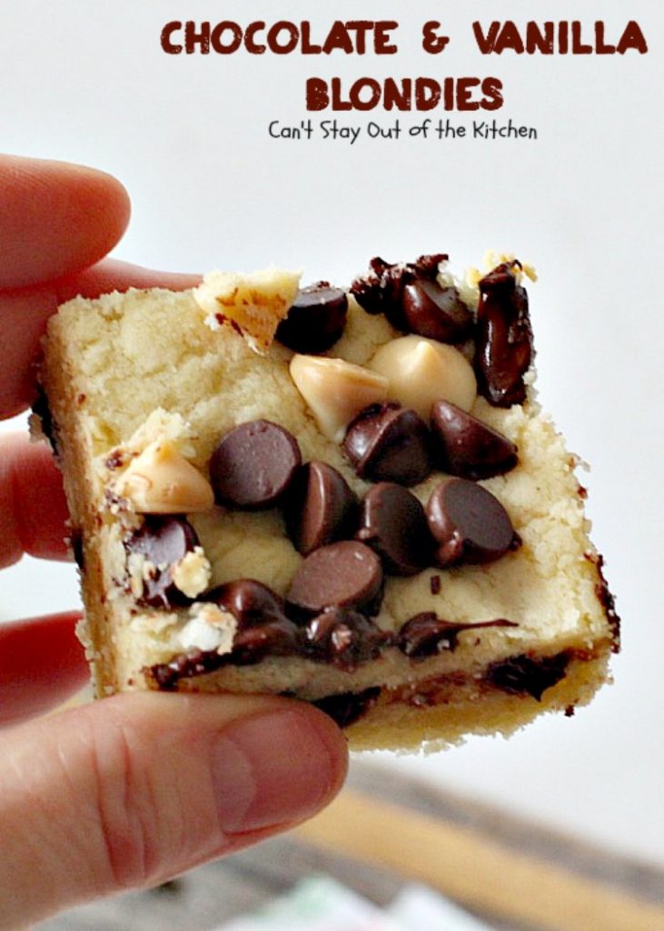 Chocolate and Vanilla Blondies | Can't Stay Out of the Kitchen | delicious #shortbread #cookies are filled with both #chocolate and vanilla chips. Amazing #dessert.