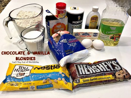 Chocolate and Vanilla Blondies | Can't Stay Out of the Kitchen | delicious #shortbread #cookies are filled with both #chocolate and vanilla chips. Amazing #dessert.