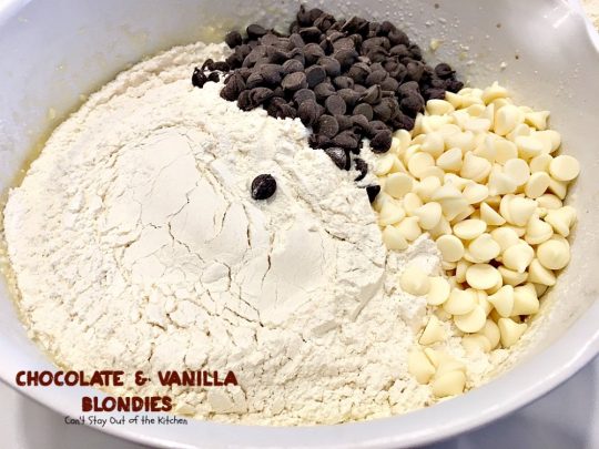 Chocolate and Vanilla Blondies | Can't Stay Out of the Kitchen | delicious #shortbread #cookies are filled with both #chocolate and vanilla chips. Amazing #dessert.