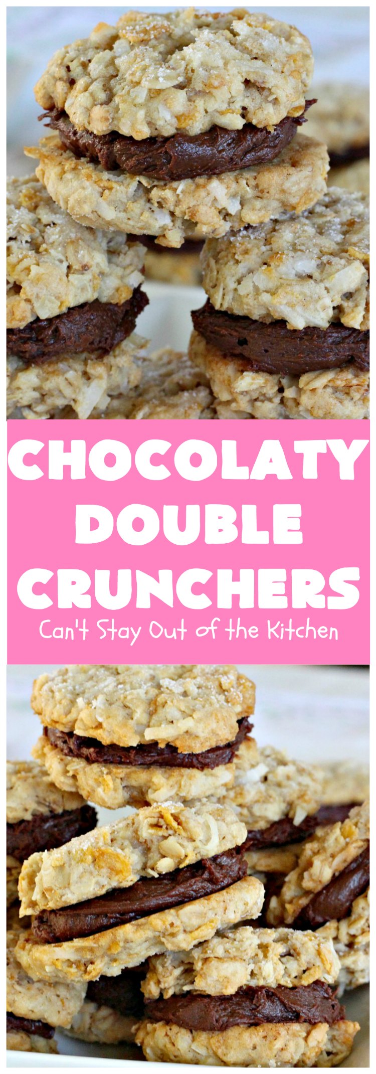 Chocolaty Double Crunchers | Can't Stay Out of the Kitchen | this scrumptious #cookie #recipe is to die for! The cookies contain #oatmeal, #CornFlakes & #coconut. The #chocolate frosting is made from #ChocolateChips & #CreamCheese. Absolutely mouthwatering #dessert for #tailgating, potlucks or #ChristmasCookieExchanges. #ChocolateDessert #WhoopiePie #OatmealWhoopiePie#ChocolatyDoubleCrunchers #SandwichCookie #OatmealSandwichCookie