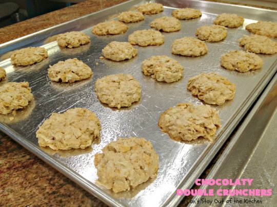 Chocolaty Double Crunchers | Can't Stay Out of the Kitchen | this scrumptious #cookie #recipe is to die for! The cookies contain #oatmeal, #CornFlakes & #coconut. The #chocolate frosting is made from #ChocolateChips & #CreamCheese. Absolutely mouthwatering #dessert for #tailgating, potlucks or #ChristmasCookieExchanges. #ChocolateDessert #WhoopiePie #OatmealWhoopiePie#ChocolatyDoubleCrunchers #SandwichCookie #OatmealSandwichCookie