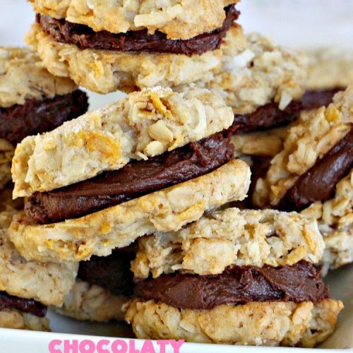 Chocolaty Double Crunchers | Can't Stay Out of the Kitchen | this scrumptious #cookie #recipe is to die for! The cookies contain #oatmeal, #CornFlakes & #coconut. The #chocolate frosting is made from #ChocolateChips & #CreamCheese. Absolutely mouthwatering #dessert for #tailgating, potlucks or #ChristmasCookieExchanges. #ChocolateDessert #WhoopiePie #OatmealWhoopiePie#ChocolatyDoubleCrunchers #SandwichCookie #OatmealSandwichCookie