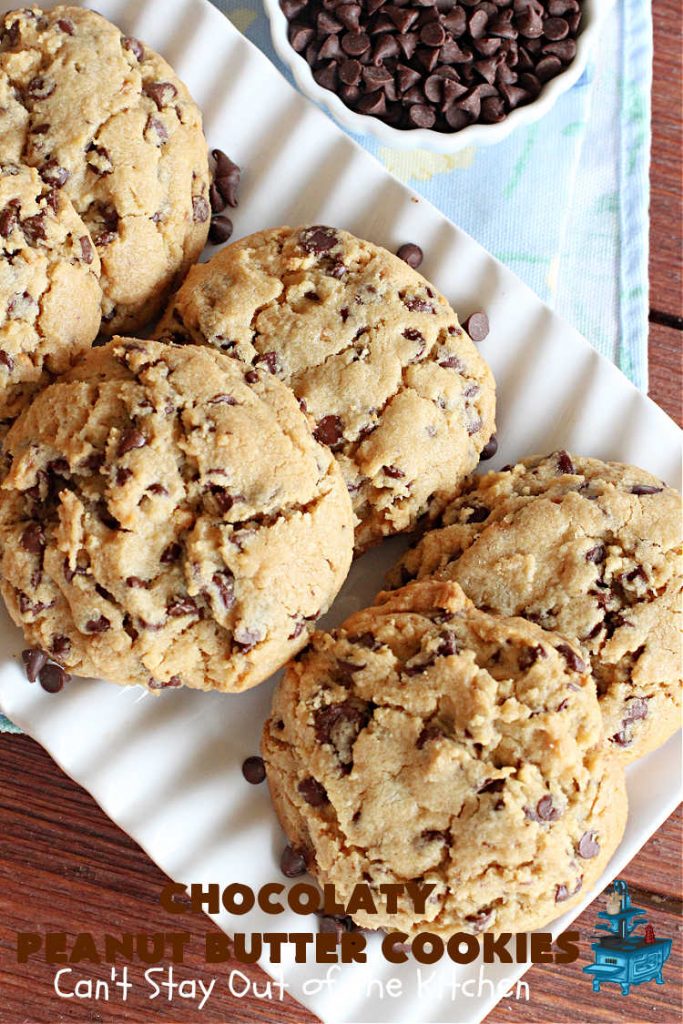 Chocolaty Peanut Butter Cookies | Can't Stay Out of the Kitchen | You'll be drooling from the first bite after one taste of these spectacular #PeanutButterCookies. These include miniature #ChocolateChips so they're loaded with #chocolate & #PeanutButter flavor. Great for #tailgating, potlucks, backyard BBQs & #holiday #baking. Be prepared to swoon! You're gonna want seconds. #HolidayDessert #dessert #ChristmasCookieExchange #cookies #ChocolateDessert #PeanutButterDessert #ChocolatyPeanutButterCookies