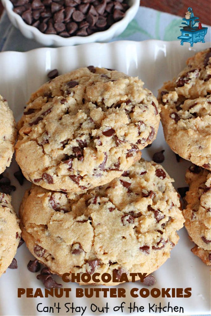 Chocolaty Peanut Butter Cookies | Can't Stay Out of the Kitchen | You'll be drooling from the first bite after one taste of these spectacular #PeanutButterCookies. These include miniature #ChocolateChips so they're loaded with #chocolate & #PeanutButter flavor. Great for #tailgating, potlucks, backyard BBQs & #holiday #baking. Be prepared to swoon! You're gonna want seconds. #HolidayDessert #dessert #ChristmasCookieExchange #cookies #ChocolateDessert #PeanutButterDessert #ChocolatyPeanutButterCookies