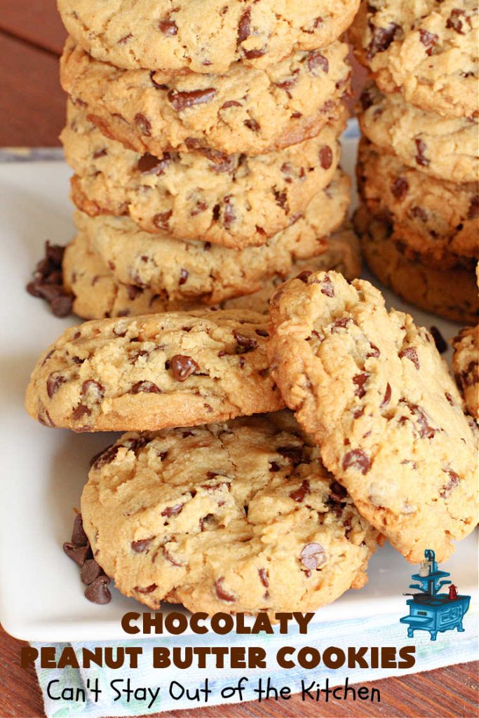 Chocolaty Peanut Butter Cookies | Can't Stay Out of the Kitchen | You'll be drooling from the first bite after one taste of these spectacular #PeanutButterCookies. These include miniature #ChocolateChips so they're loaded with #chocolate & #PeanutButter flavor. Great for #tailgating, potlucks, backyard BBQs & #holiday #baking. Be prepared to swoon! You're gonna want seconds. #HolidayDessert #dessert #ChristmasCookieExchange #cookies #ChocolateDessert #PeanutButterDessert #ChocolatyPeanutButterCookiesChocolaty Peanut Butter Cookies | Can't Stay Out of the Kitchen | You'll be drooling from the first bite after one taste of these spectacular #PeanutButterCookies. These include miniature #ChocolateChips so they're loaded with #chocolate & #PeanutButter flavor. Great for #tailgating, potlucks, backyard BBQs & #holiday #baking. Be prepared to swoon! You're gonna want seconds. #HolidayDessert #dessert #ChristmasCookieExchange #cookies #ChocolateDessert #PeanutButterDessert #ChocolatyPeanutButterCookies