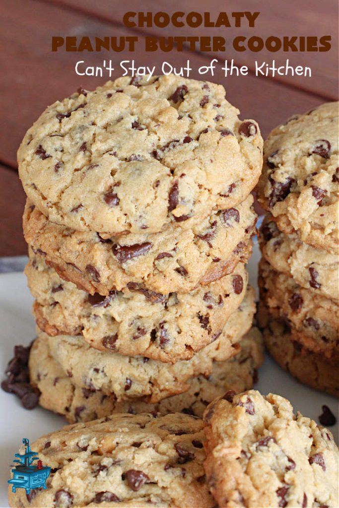 Chocolaty Peanut Butter Cookies | Can't Stay Out of the Kitchen | You'll be drooling from the first bite after one taste of these spectacular #PeanutButterCookies. These include miniature #ChocolateChips so they're loaded with #chocolate & #PeanutButter flavor. Great for #tailgating, potlucks, backyard BBQs & #holiday #baking. Be prepared to swoon! You're gonna want seconds. #HolidayDessert #dessert #ChristmasCookieExchange #cookies #ChocolateDessert #PeanutButterDessert #ChocolatyPeanutButterCookies