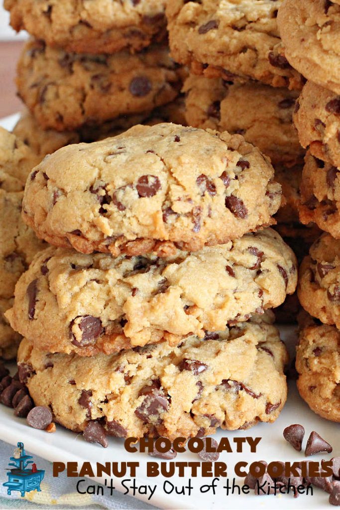 Chocolaty Peanut Butter Cookies | Can't Stay Out of the Kitchen | You'll be drooling from the first bite after one taste of these spectacular #PeanutButterCookies. These include miniature #ChocolateChips so they're loaded with #chocolate & #PeanutButter flavor. Great for #tailgating, potlucks, backyard BBQs & #holiday #baking. Be prepared to swoon! You're gonna want seconds. #HolidayDessert #dessert #ChristmasCookieExchange #cookies #ChocolateDessert #PeanutButterDessert #ChocolatyPeanutButterCookies