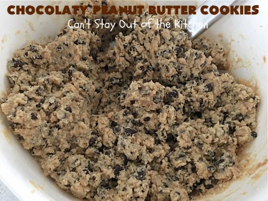 Chocolaty Peanut Butter Cookies | Can't Stay Out of the Kitchen | You'll be drooling from the first bite after one taste of these spectacular #PeanutButterCookies. These include miniature #ChocolateChips so they're loaded with #chocolate & #PeanutButter flavor. Great for #tailgating, potlucks, backyard BBQs & #holiday #baking. Be prepared to swoon! You're gonna want seconds. #HolidayDessert #dessert #ChristmasCookieExchange #cookies #ChocolateDessert #PeanutButterDessert #ChocolatyPeanutButterCookies