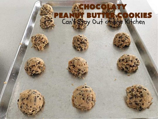Chocolaty Peanut Butter Cookies | Can't Stay Out of the Kitchen | You'll be drooling from the first bite after one taste of these spectacular #PeanutButterCookies. These include miniature #ChocolateChips so they're loaded with #chocolate & #PeanutButter flavor. Great for #tailgating, potlucks, backyard BBQs & #holiday #baking. Be prepared to swoon! You're gonna want seconds. #HolidayDessert #dessert #ChristmasCookieExchange #cookies #ChocolateDessert #PeanutButterDessert #ChocolatyPeanutButterCookies