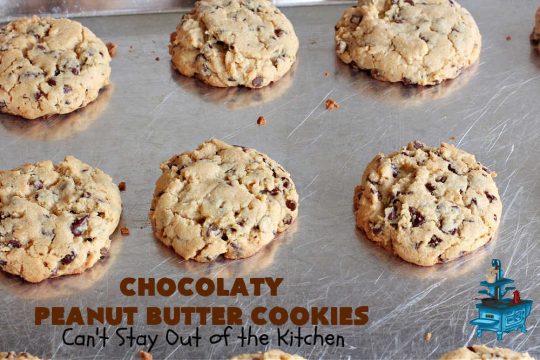 Chocolaty Peanut Butter Cookies | Can't Stay Out of the Kitchen | You'll be drooling from the first bite after one taste of these spectacular #PeanutButterCookies. These include miniature #ChocolateChips so they're loaded with #chocolate & #PeanutButter flavor. Great for #tailgating, potlucks, backyard BBQs & #holiday #baking. Be prepared to swoon! You're gonna want seconds. #HolidayDessert #dessert #ChristmasCookieExchange #cookies #ChocolateDessert #PeanutButterDessert #ChocolatyPeanutButterCookies