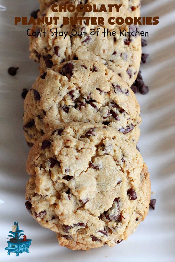 Chocolaty Peanut Butter Cookies | Can't Stay Out of the Kitchen | You'll be drooling from the first bite after one taste of these spectacular #PeanutButterCookies. These include miniature #ChocolateChips so they're loaded with #chocolate & #PeanutButter flavor. Great for #tailgating, potlucks, backyard BBQs & #holiday #baking. Be prepared to swoon! You're gonna want seconds. #HolidayDessert #dessert #ChristmasCookieExchange #cookies #ChocolateDessert #PeanutButterDessert #ChocolatyPeanutButterCookies