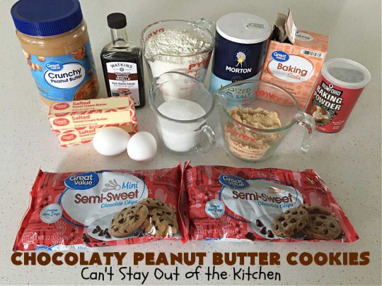 Chocolaty Peanut Butter Cookies | Can't Stay Out of the Kitchen | You'll be drooling from the first bite after one taste of these spectacular #PeanutButterCookies. These include miniature #ChocolateChips so they're loaded with #chocolate & #PeanutButter flavor. Great for #tailgating, potlucks, backyard BBQs & #holiday #baking. Be prepared to swoon! You're gonna want seconds. #HolidayDessert #dessert #ChristmasCookieExchange #cookies #ChocolateDessert #PeanutButterDessert #ChocolatyPeanutButterCookies