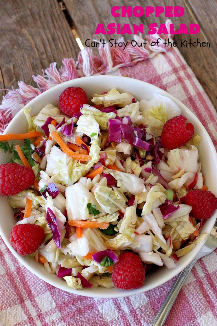 Chopped Asian Salad | Can't Stay Out of the Kitchen | this delightful #salad is fantastic. It's wonderful for company or #holidays. The homemade #SaladDressing is perfect for this #ChoppedSalad. It's also #healthy, #vegan, #LowCalorie, #GlutenFree & #CleanEating. #Asian #carrots #cabbage #AsianChoppedSalad