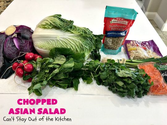 Chopped Asian Salad | Can't Stay Out of the Kitchen | this delightful #salad is fantastic. It's wonderful for company or #holidays. The homemade #SaladDressing is perfect for this #ChoppedSalad. It's also #healthy, #vegan, #LowCalorie, #GlutenFree & #CleanEating. #Asian #carrots #cabbage #AsianChoppedSalad