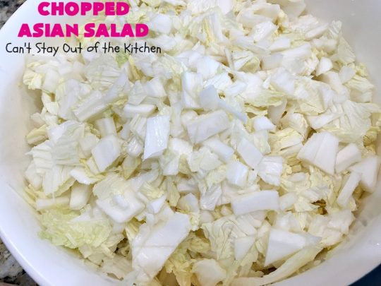Chopped Asian Salad | Can't Stay Out of the Kitchen | this delightful #salad is fantastic. It's wonderful for company or #holidays. The homemade #SaladDressing is perfect for this #ChoppedSalad. It's also #healthy, #vegan, #LowCalorie, #GlutenFree & #CleanEating. #Asian #carrots #cabbage #AsianChoppedSalad
