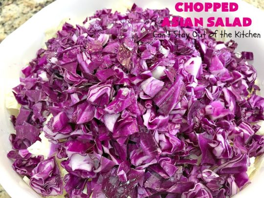 Chopped Asian Salad | Can't Stay Out of the Kitchen | this delightful #salad is fantastic. It's wonderful for company or #holidays. The homemade #SaladDressing is perfect for this #ChoppedSalad. It's also #healthy, #vegan, #LowCalorie, #GlutenFree & #CleanEating. #Asian #carrots #cabbage #AsianChoppedSalad