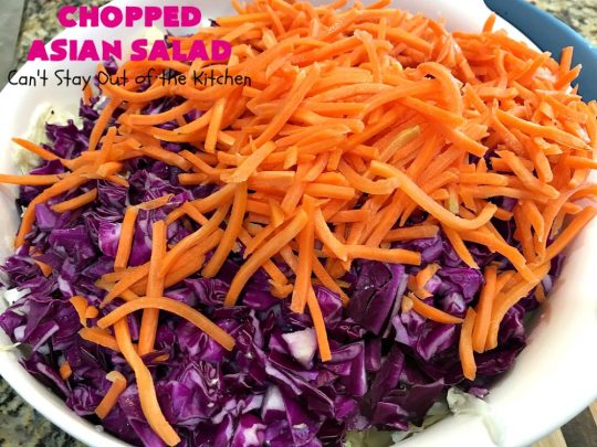 Chopped Asian Salad | Can't Stay Out of the Kitchen | this delightful #salad is fantastic. It's wonderful for company or #holidays. The homemade #SaladDressing is perfect for this #ChoppedSalad. It's also #healthy, #vegan, #LowCalorie, #GlutenFree & #CleanEating. #Asian #carrots #cabbage #AsianChoppedSalad