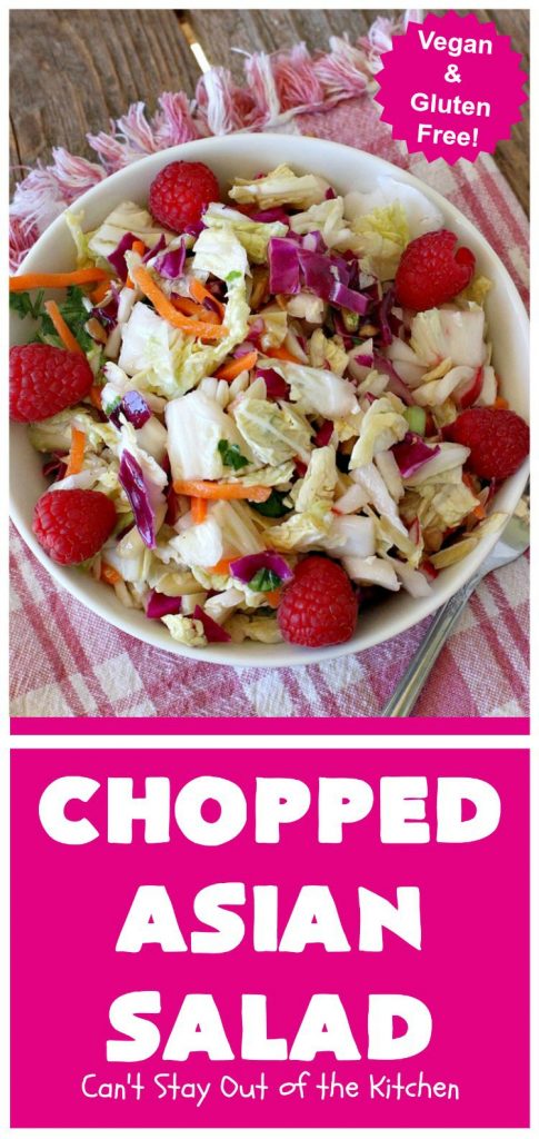 Chopped Asian Salad | Can't Stay Out of the Kitchen | this delightful #salad is fantastic. It's wonderful for company or #holidays. The homemade #SaladDressing is perfect for this #ChoppedSalad. It's also #healthy, #vegan, #LowCalorie, #GlutenFree & #CleanEating. #Asian #carrots #cabbage #AsianChoppedSalad