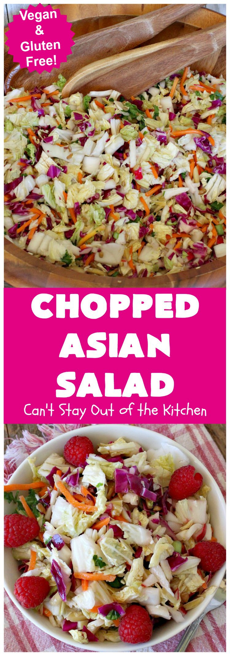 Chopped Asian Salad | Can't Stay Out of the Kitchen | this delightful #salad is fantastic. It's wonderful for company or #holidays. The homemade #SaladDressing is perfect for this #ChoppedSalad. It's also #healthy, #vegan, #LowCalorie, #GlutenFree & #CleanEating. #Asian #carrots #cabbage #AsianChoppedSalad