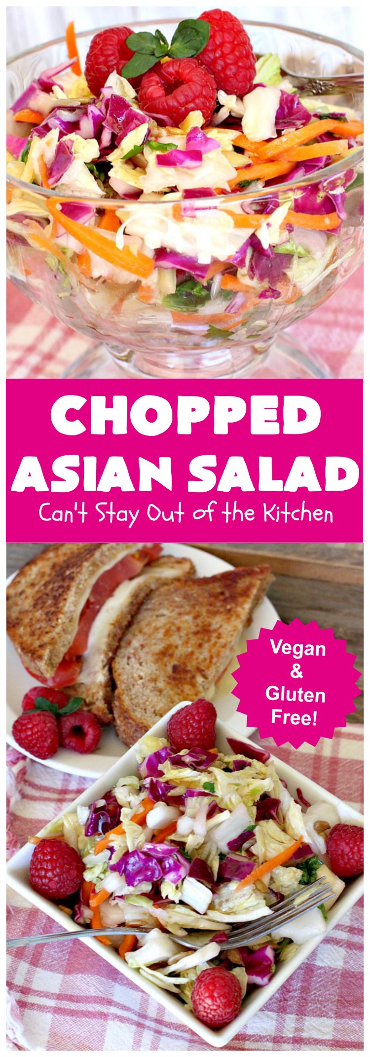 Chopped Asian Salad | Can't Stay Out of the Kitchen | this delightful #salad is fantastic. It's wonderful for company or #holidays. The homemade #SaladDressing is perfect for this #ChoppedSalad. It's also #healthy, #vegan, #LowCalorie, #GlutenFree & #CleanEating. #Asian #carrots #cabbage #AsianChoppedSalad