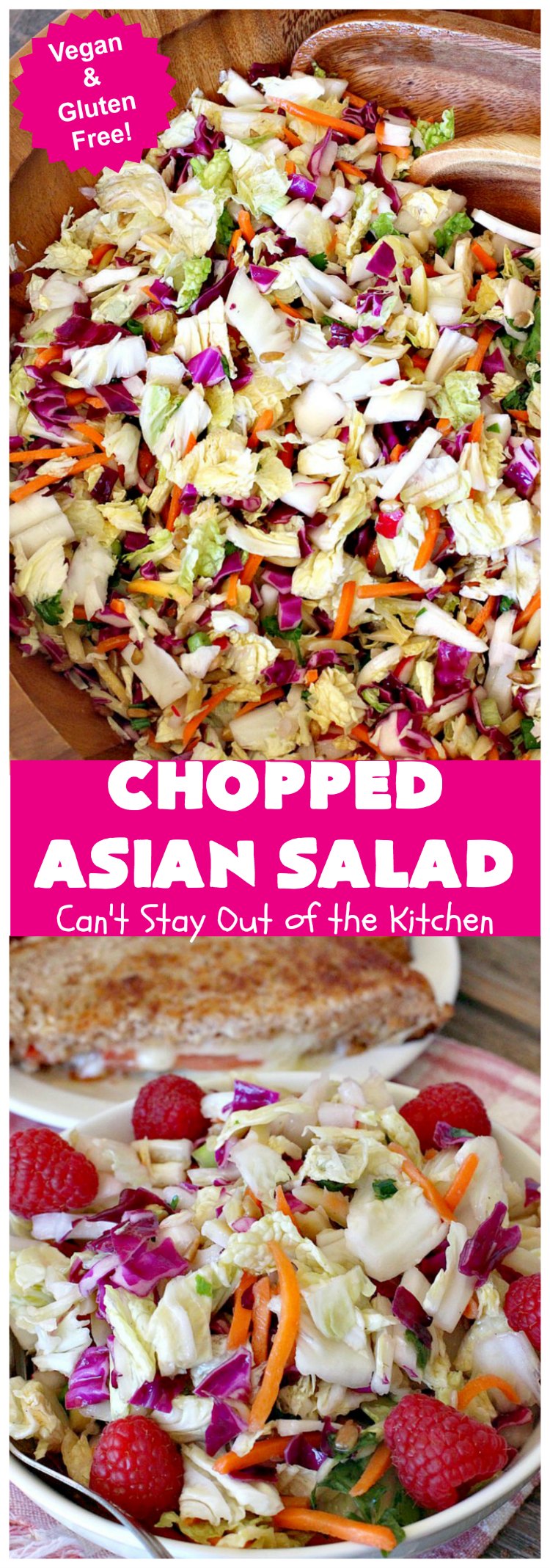 Chopped Asian Salad | Can't Stay Out of the Kitchen | this delightful #salad is fantastic. It's wonderful for company or #holidays. The homemade #SaladDressing is perfect for this #ChoppedSalad. It's also #healthy, #vegan, #LowCalorie, #GlutenFree & #CleanEating. #Asian #carrots #cabbage #AsianChoppedSalad
