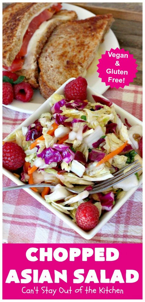 Chopped Asian Salad | Can't Stay Out of the Kitchen | this delightful #salad is fantastic. It's wonderful for company or #holidays. The homemade #SaladDressing is perfect for this #ChoppedSalad. It's also #healthy, #vegan, #LowCalorie, #GlutenFree & #CleanEating. #Asian #carrots #cabbage #AsianChoppedSalad