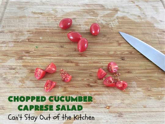 Chopped Cucumber Caprese Salad | Can't Stay Out of the Kitchen | this delightful #SugarFree #salad includes #tomatoes #MozzarellaPearls #FreshBasil and #EnglishCucumbers in a wonderful & easy-to-make #balsamic #SaladDressing. Wonderful for potlucks, company or #holiday dinners. #GlutenFree #caprese #CapreseSalad #ChoppedSalad #ChoppedCucumberCapreseSalad