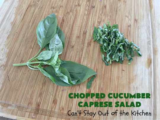 Chopped Cucumber Caprese Salad | Can't Stay Out of the Kitchen | this delightful #SugarFree #salad includes #tomatoes #MozzarellaPearls #FreshBasil and #EnglishCucumbers in a wonderful & easy-to-make #balsamic #SaladDressing. Wonderful for potlucks, company or #holiday dinners. #GlutenFree #caprese #CapreseSalad #ChoppedSalad #ChoppedCucumberCapreseSalad